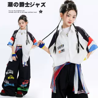 女童爵士舞演出服韩版潮酷嘻哈街舞套装hiphop少儿表演演出服夏季