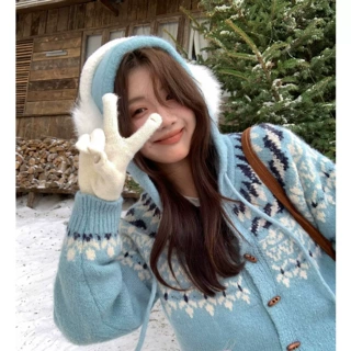 韩版复古重工提花连帽毛衣外套小个子节日氛围圣诞上衣蓝色藏青女