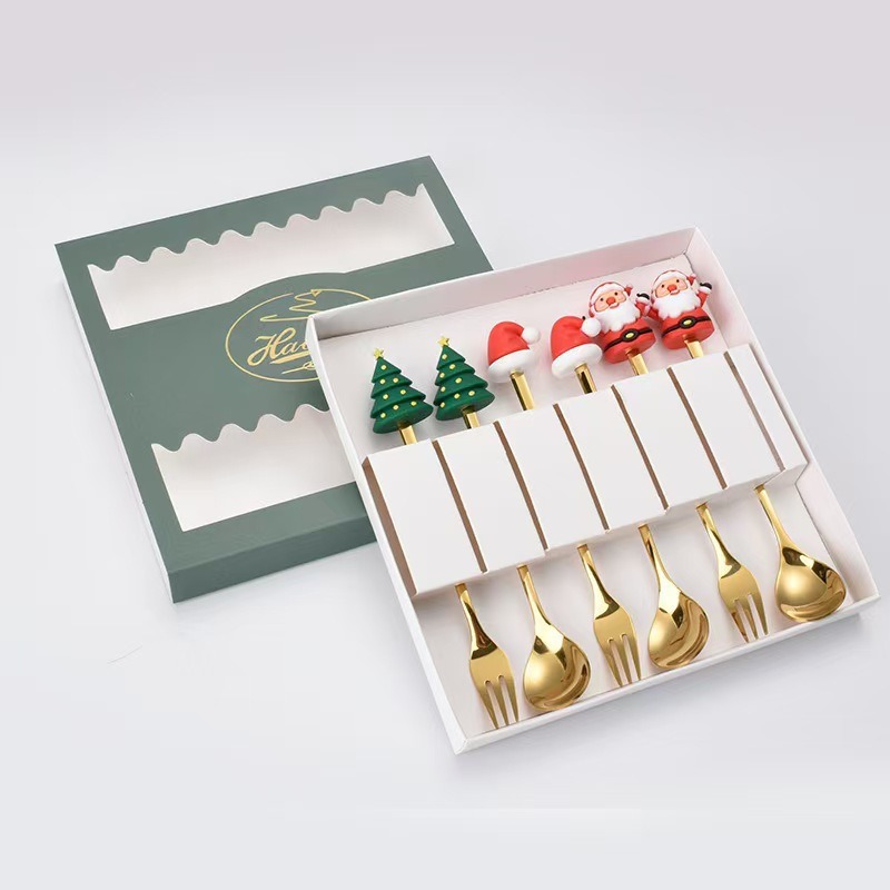 Cucharas de acero inoxidable transfronterizas muñecas de Papá Noel cubiertos cajas de regalo caseras de café mezclador cucharas de postre horquilla de frutas