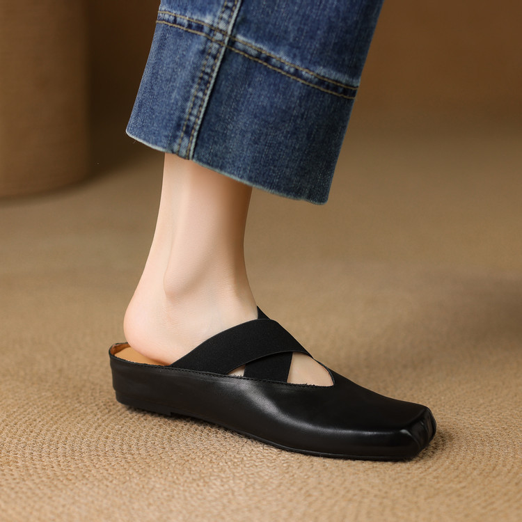 Giày búp bê mũi vuông retro da ngựa, quai sau hở, dép sandal mới hè — đen chi tiết 24