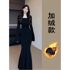 黑色鱼尾裙连衣裙女秋冬季加绒大衣内搭秋天长裙子小妈风穿搭套装