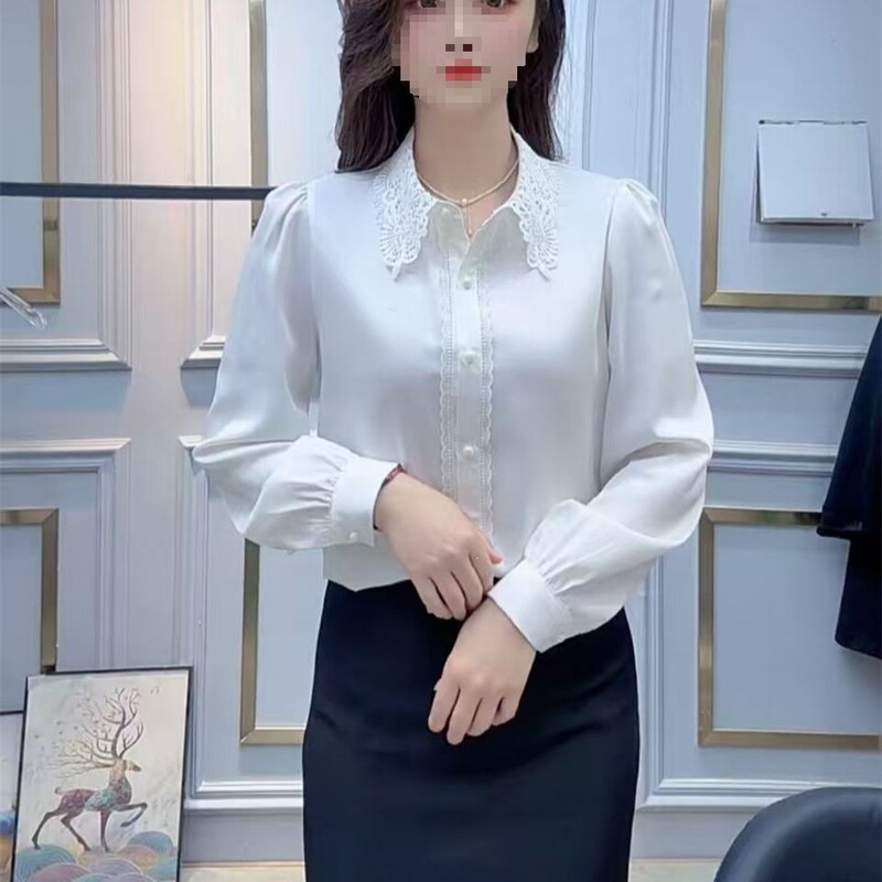 Fashionable Turn-down Collar New Spring Satin Long-sleeve Shirt with Hollow-out Design, Draped Top, Elegant Blouse 2026 Lace