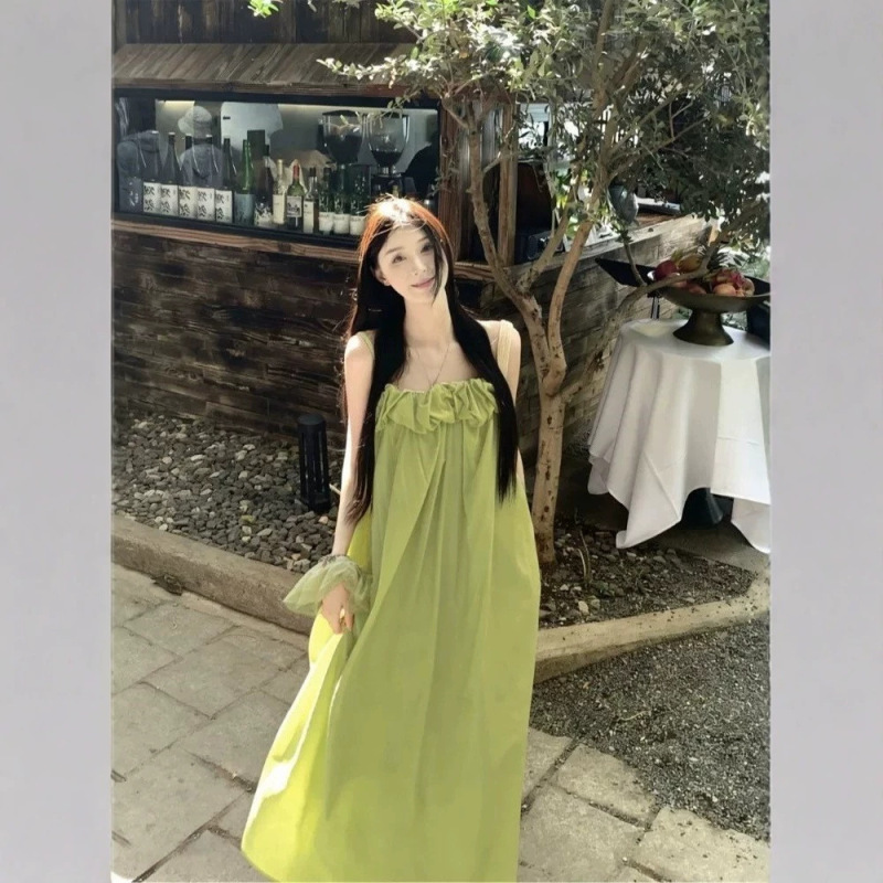 Beach Vacation Style One-Shoulder Strap Dress for Women, Summer 2026 New Style, Loose, Fresh, Lazy Green Long Dress