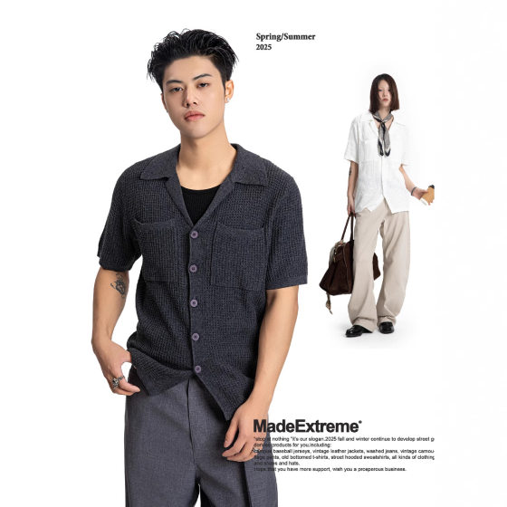 MADEEXTREME Light Luxury Less Sense Lapel Polo Knitted Shirt Patch Pocket High Sense Texture Cardigan Short Sleeve