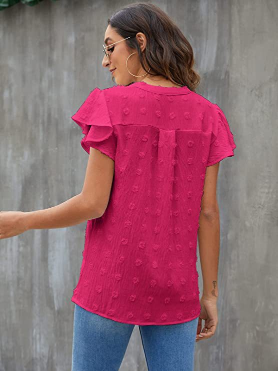 Cross-border European And American Women's Clothing 2026 Summer New V-neck Ruched Ruffle Sleeve Pom-pom Chiffon_voghion.com