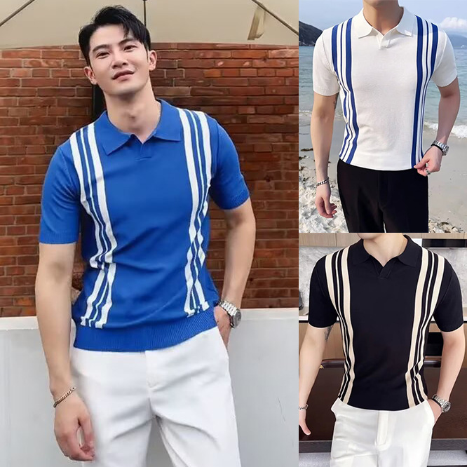 Polo camiseta de punto camiseta de manga corta hombre V-collar gaviota collar rayas verticales viejas camisetas de hielo de viento de verano fábrica transfronteriza al por mayor