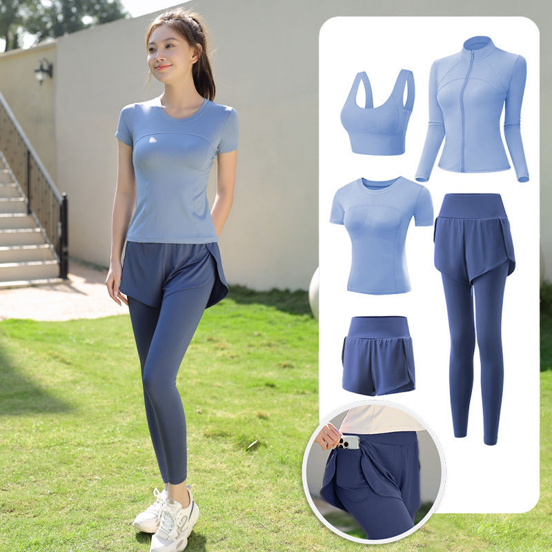 Trajes de yoga para mujeres de verano para correr ropa deportiva suelta rápida ropa seca bolsillo para correr trajes de mujeres de la mañana para correr comercio exterior