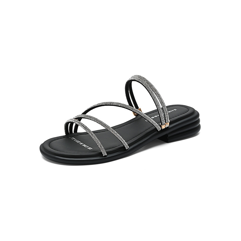 Sandal nữ đế bệt quai mảnh đính đá phong cách Pháp, dáng xăng đan hai kiểu — AY380 Đen