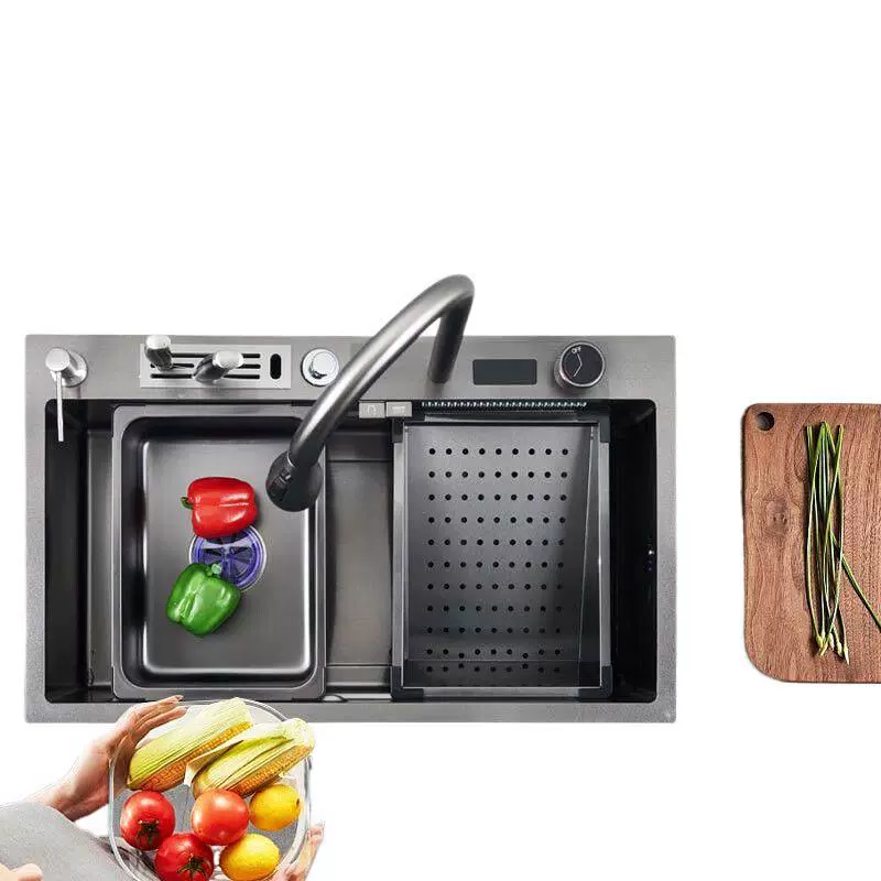 Мойка для кухни из утолщенной нержавеющей стали 304, большая, односекционная, с цифровым дисплеем типа «акула», водопадом, держателем для ножей, полный комплект