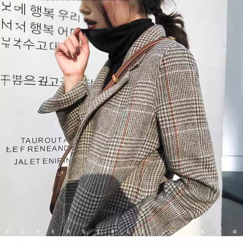Checkered wool blazer chic retro loose medium-long 2025 autumn/winter new women's grid blazer jacket