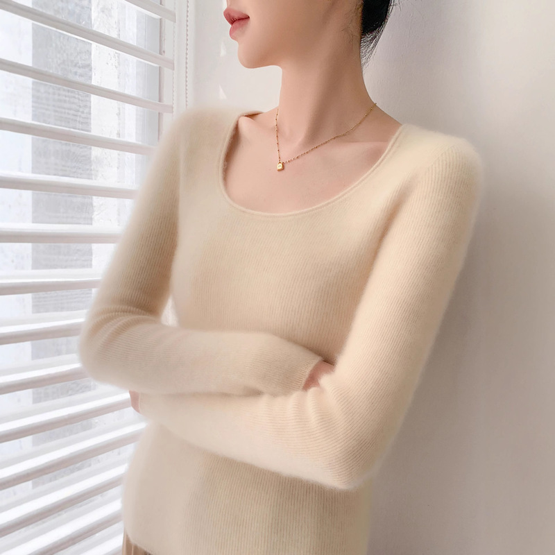 Seamless Rolled-Edge U-Neck Cashmere Sweater for Women, Slim Fit, Soft and Cozy Long-Sleeve Knit Top