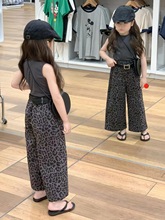韩国童装2025夏季新款灰色纯棉无袖背心女童洋气上衣豹纹阔腿裤子