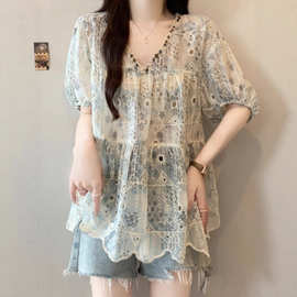 法式镂空v领雪纺短袖衬衫女夏薄款大码胖mm超好看漂亮娃娃衫上衣