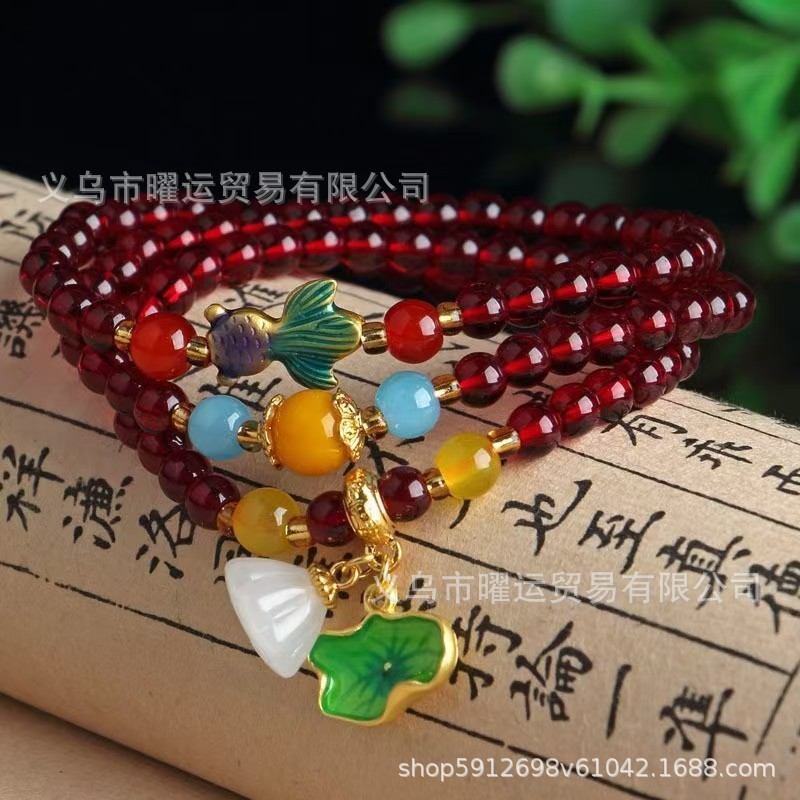 直播爆款新中式石榴石多圈手链仿石榴石酒红三层叠戴莲花手串批发|undefined