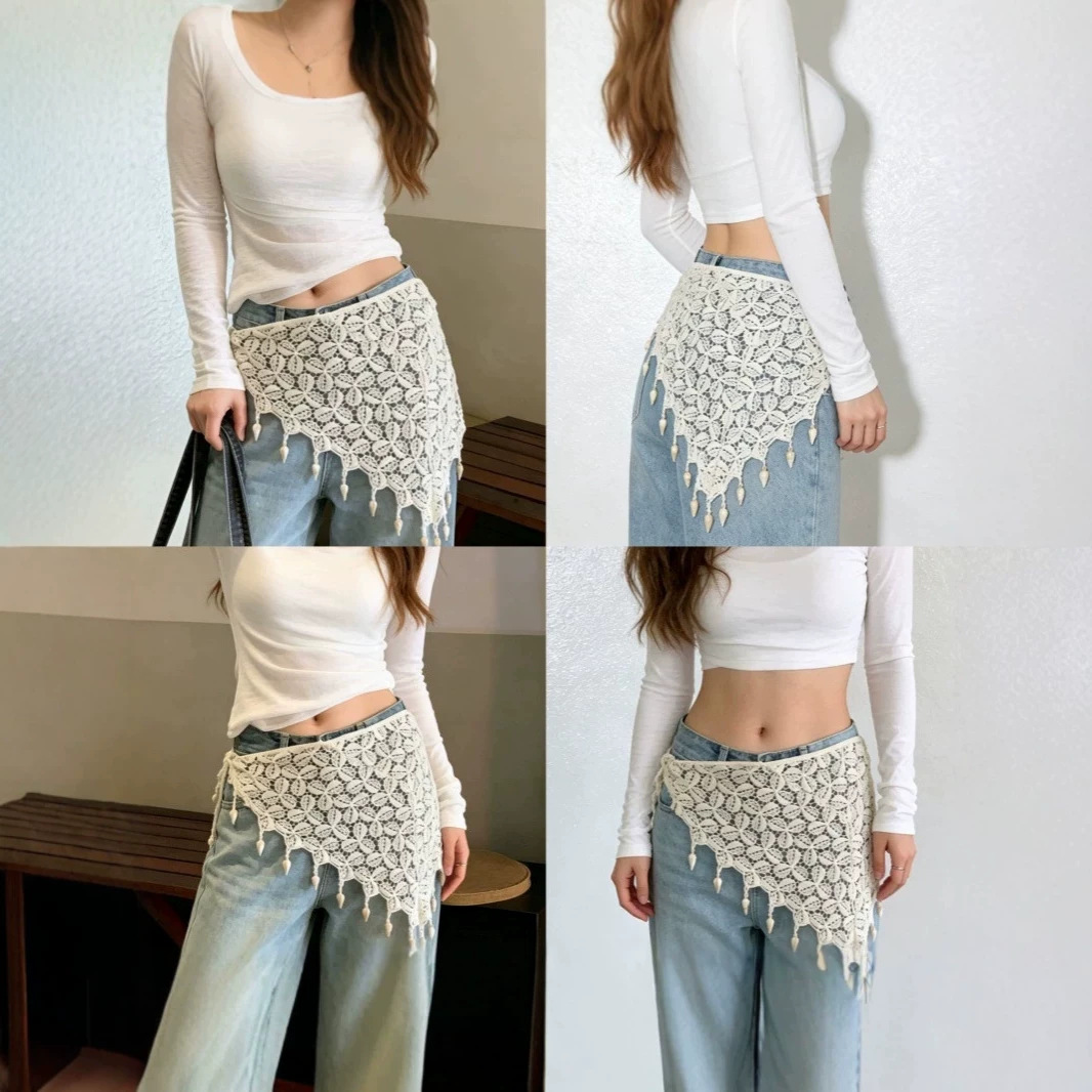 Spring/Summer openwork seashell crochet triangle scarf for women, with a flared hem that's perfect for layering, concealing the hips, and creating a slimming effect, ideal for travel.