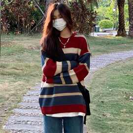 秋冬慵懒风毛衣条纹宽松针织毛衣女学院风百搭条纹长袖上衣潮