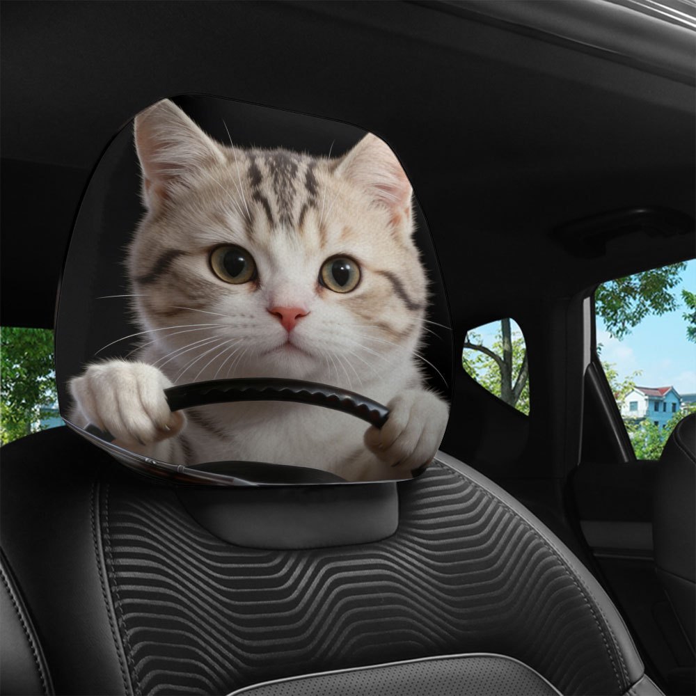 Car seat headrest cover with cute cat theme, personalized print, universal for car interiors, can be customized with labels and made according to provided images