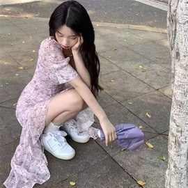 跨境货源碎花连衣裙2025新款春款女装法式小个子收腰泡泡短袖裙子