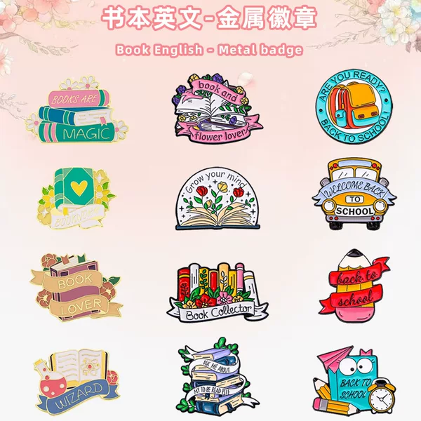 Original New Cartoon English Letter Brooch Book Flower Metal Badge Versatile Bag Accessories Pin Pendant