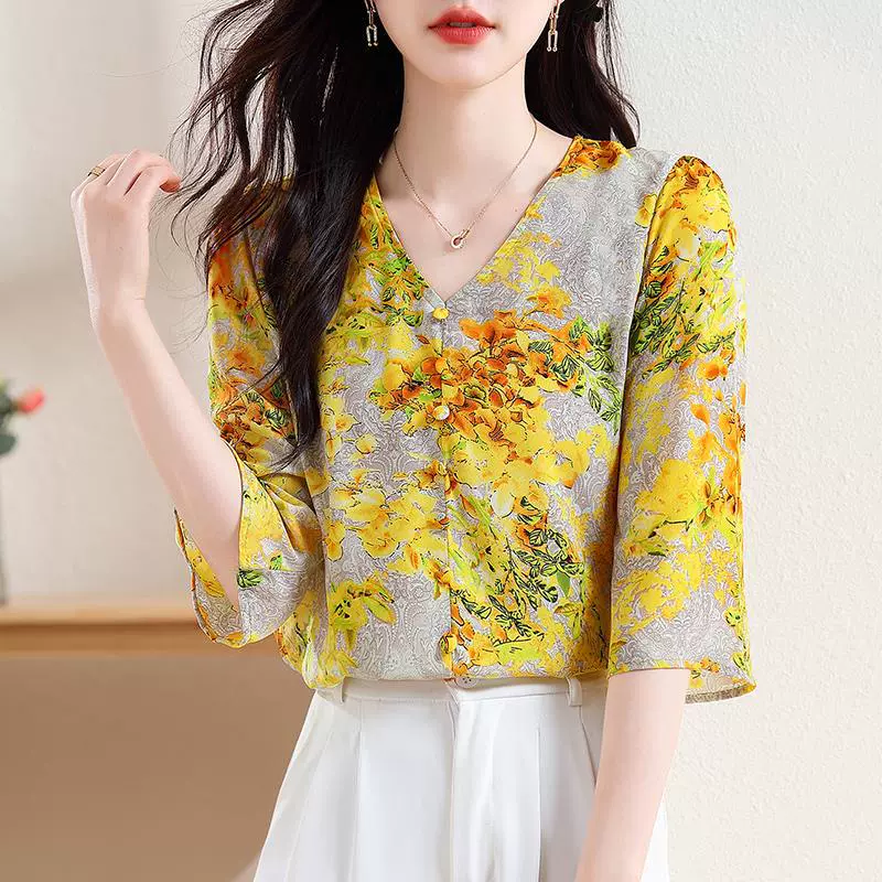 Yellow summer silk shirt, V-neckline