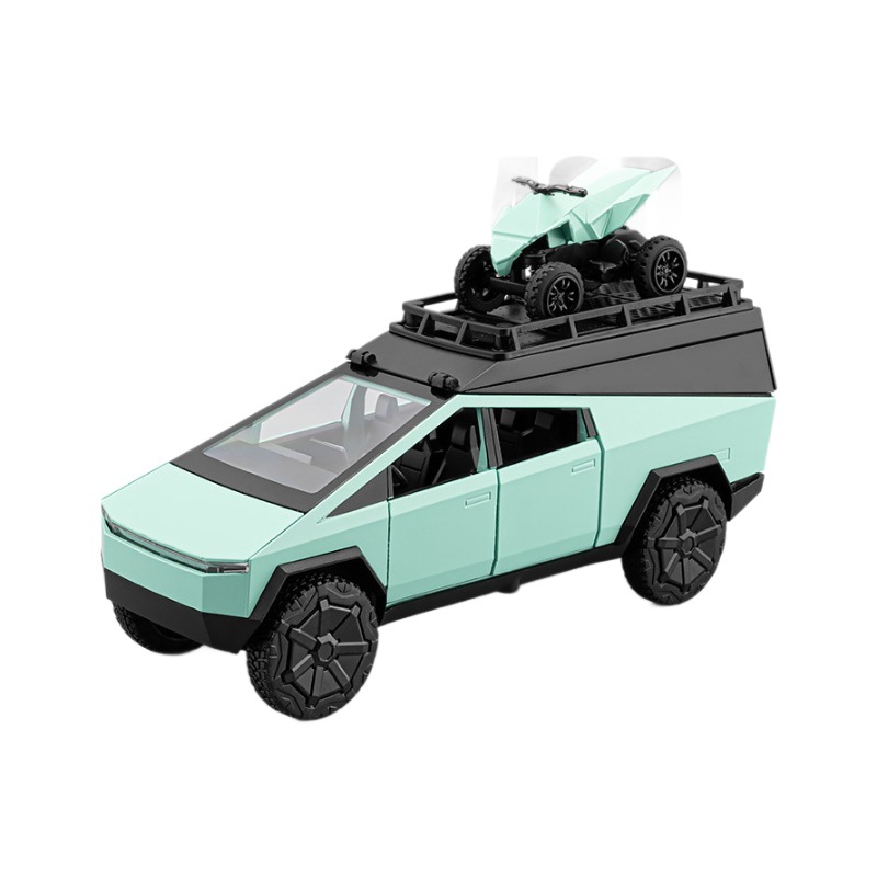 Coche a modelo de coche 1:32 Tesla pickup camping aleación coche con pequeño modelo de motocicleta decoración coche de juguete