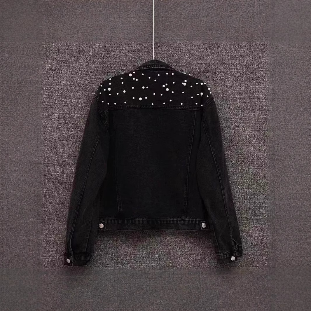 ​​Women's Beaded Denim Jacket – European Slim Fit, Heavy-Duty Stitching (S-5XL, Light Blue & Black)​​_ecoleips.com