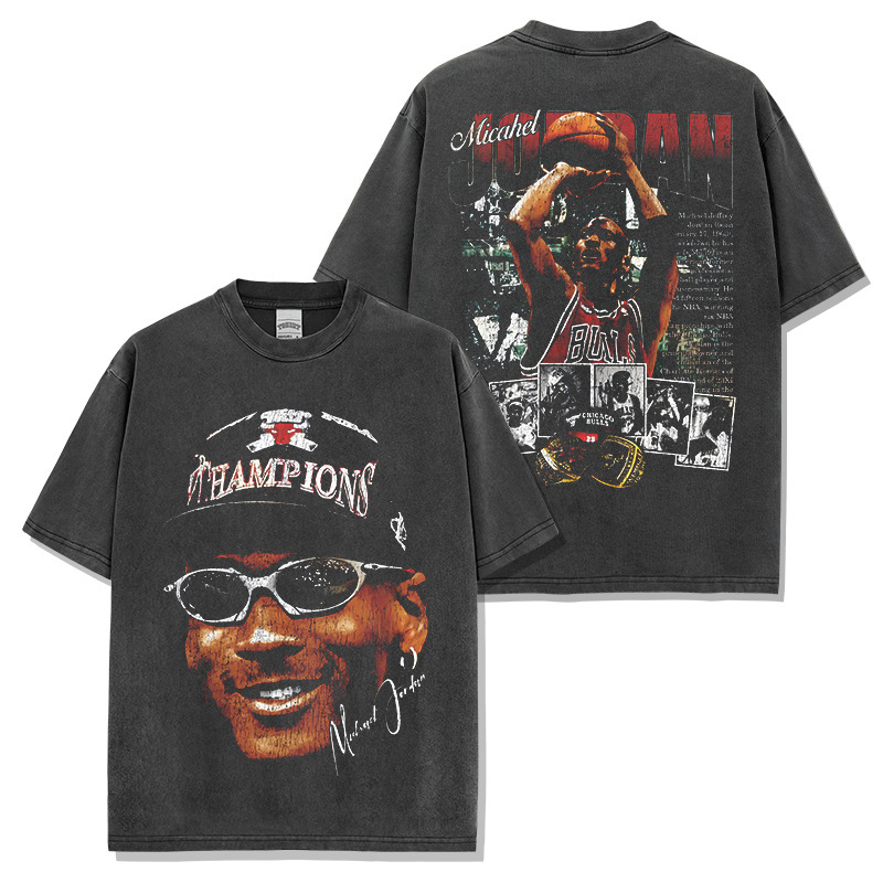 Cross-border retro trapeze double-sided printed washed short sleeve T-shirt round neck heavy weight loose hooded sweater wholesale