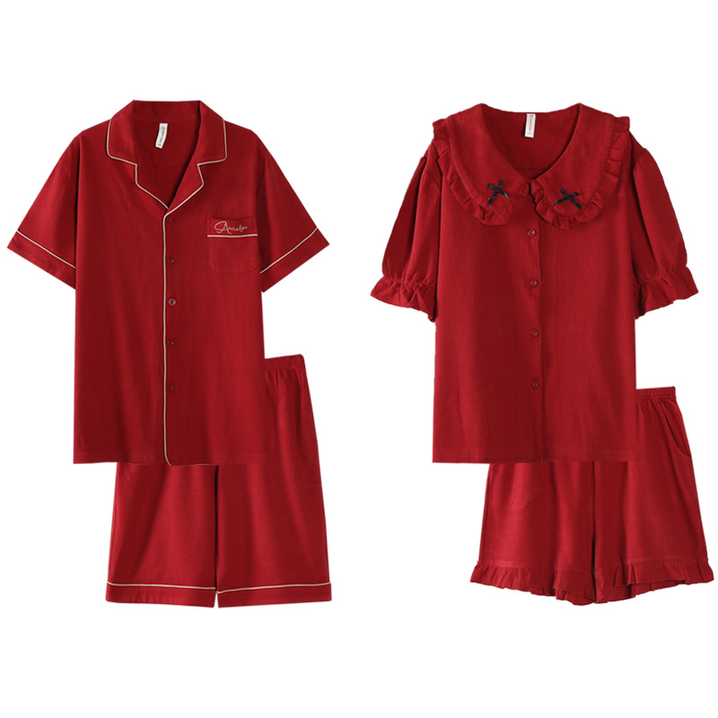 2023 verano nueva pareja pijamas de algodón de manga corta waffle camisón de las mujeres boda roja homewear hombres