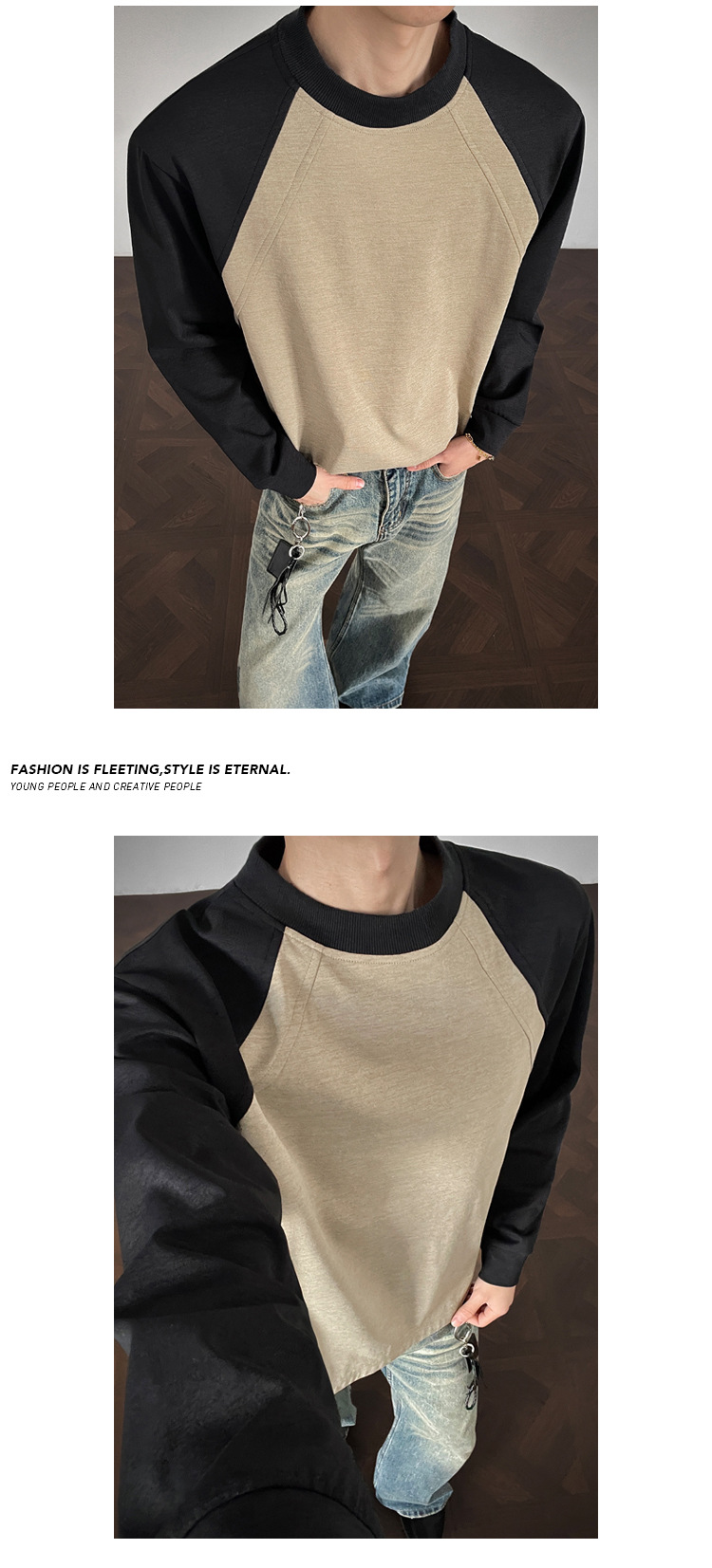 Long-sleeve Patchwork T-shirt For Men American Style Loose Casual_voghion.com