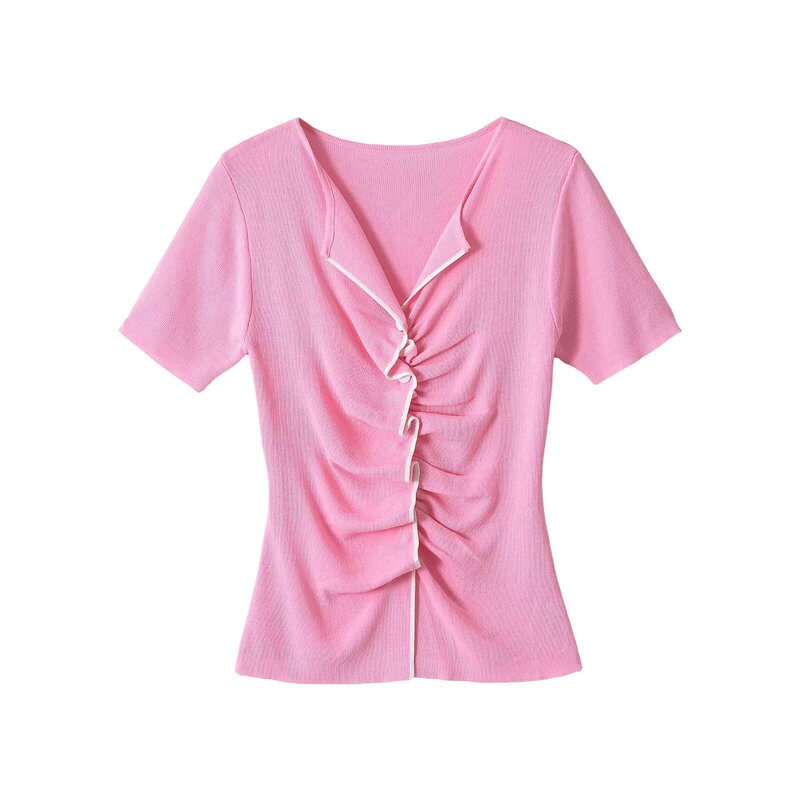 Taop&Za Cross-Border Women's Clothing Summer New Product Contrasting Color Trim Short-Sleeved Round Neck Pleated Casual Top 3921068 Taop&Za Cross-Border Women's Clothing Summer New Product Contrasting Color Trim Short-Sleeved Round Neck Pleated Casual Top 3921068