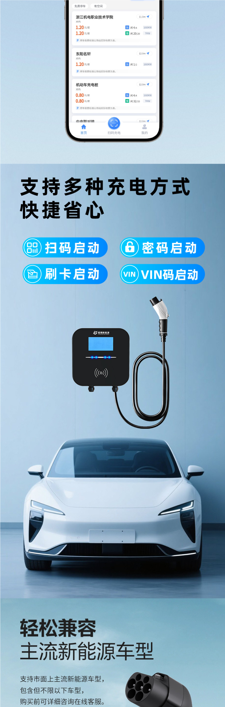 7Kw Ac Charging Station for Home Use, Smart Qr Code Scanning for New Energy Vehicles, Outdoor Commercial Slow Charging Station