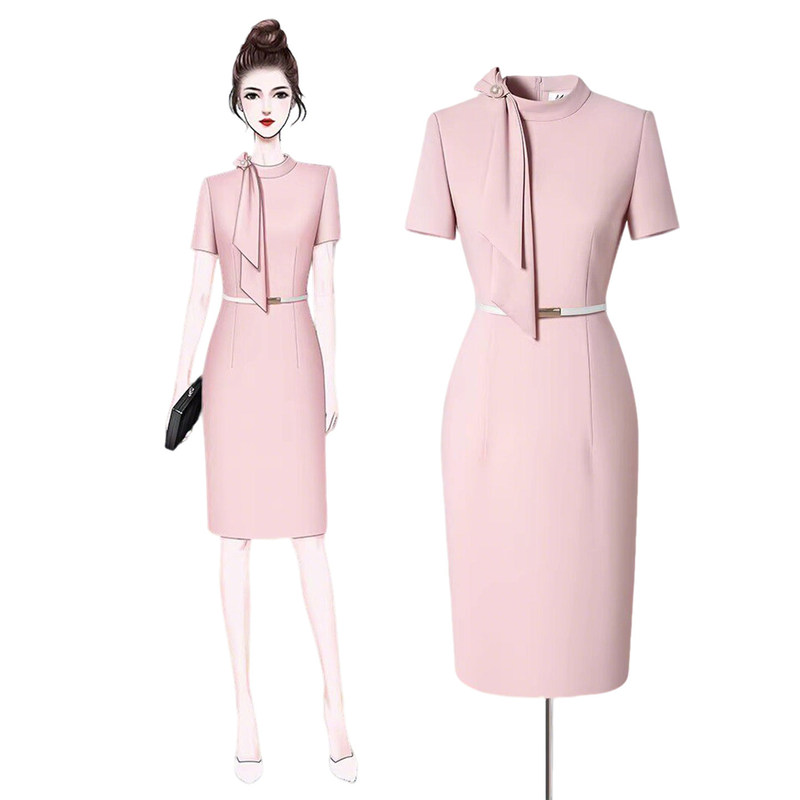 Breathable and cool pink short-sleeved dress for women, summer office receptionist workwear, professional attire for the beauty industry