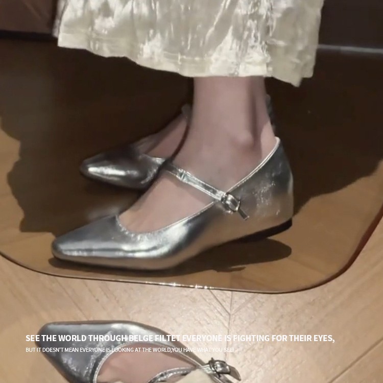 Versión de piel de oveja ~ estilo francés con punta dorada con una palabra con zapatos de mujer superficiales zapatos de altura plana para mujeres