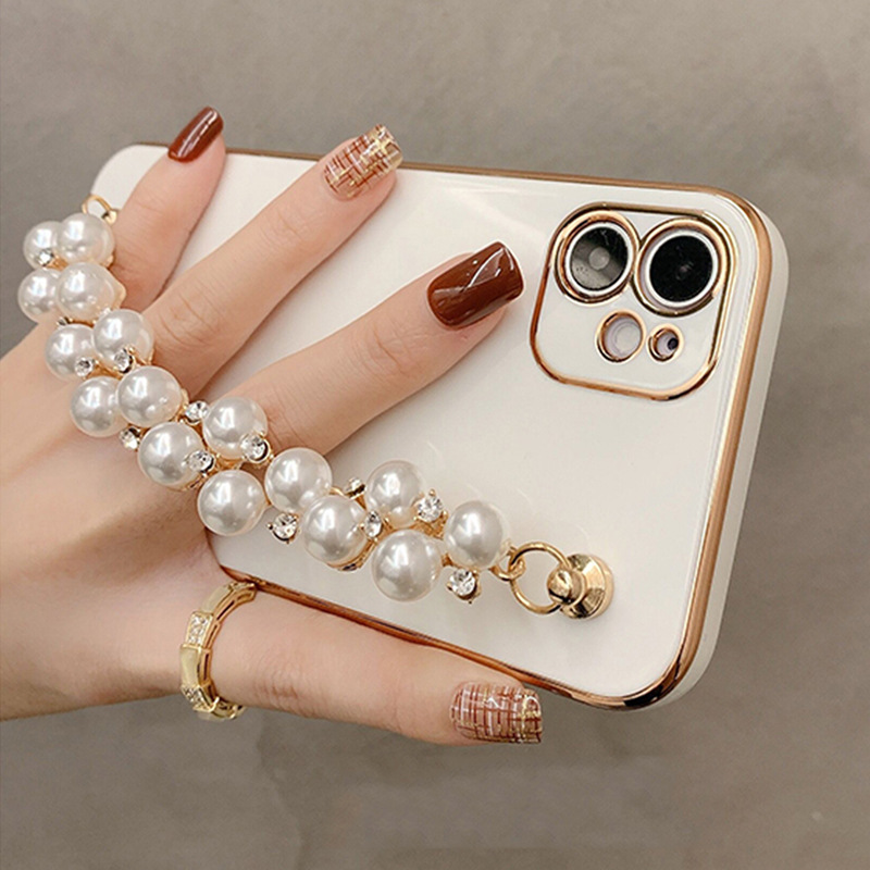 Funda Protectora Rígida de Color Sólido con Galvanoplastia, Apta para Teléfono Apple 17Pro, Funda para iPhone 16ProMax con Cadena de Perlas X