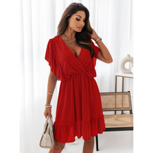 跨境外贸女装2025夏季新款深V领短袖宽松雪纺纯色连衣裙