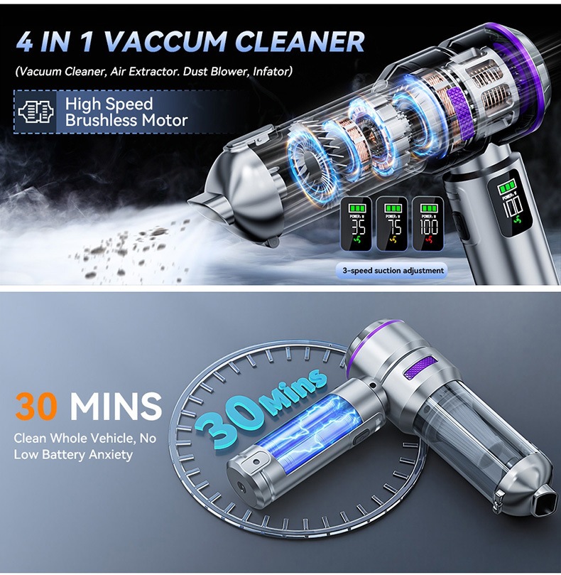 Car-mounted vacuum cleaner with dual-function suction and blowing, brushless high-power 16000Pa, integrated air pump with digital LED display