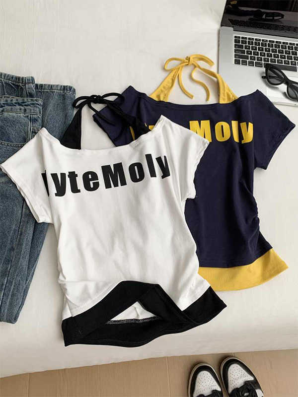 ホットガールワンショルダー半袖Tシャツ女性用2025夏新作フェイクツーピースホルターネックスリムフィットオフショルダートップイン|undefined