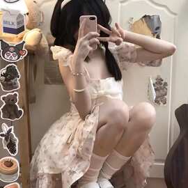 【原版T花 】法式甜美小飞袖碎花连衣裙子女夏季小个子蝴蝶结短裙