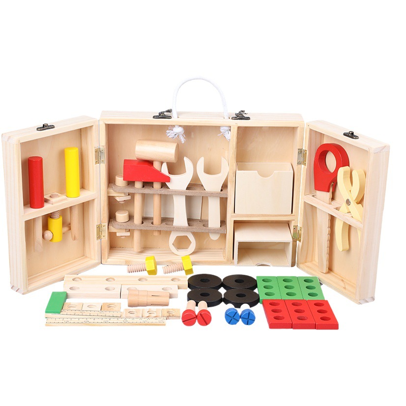 Caja de herramientas de madera portátil multifuncional para niños reparación combinación juego de rompecabezas casa desmontaje tuerca juguete