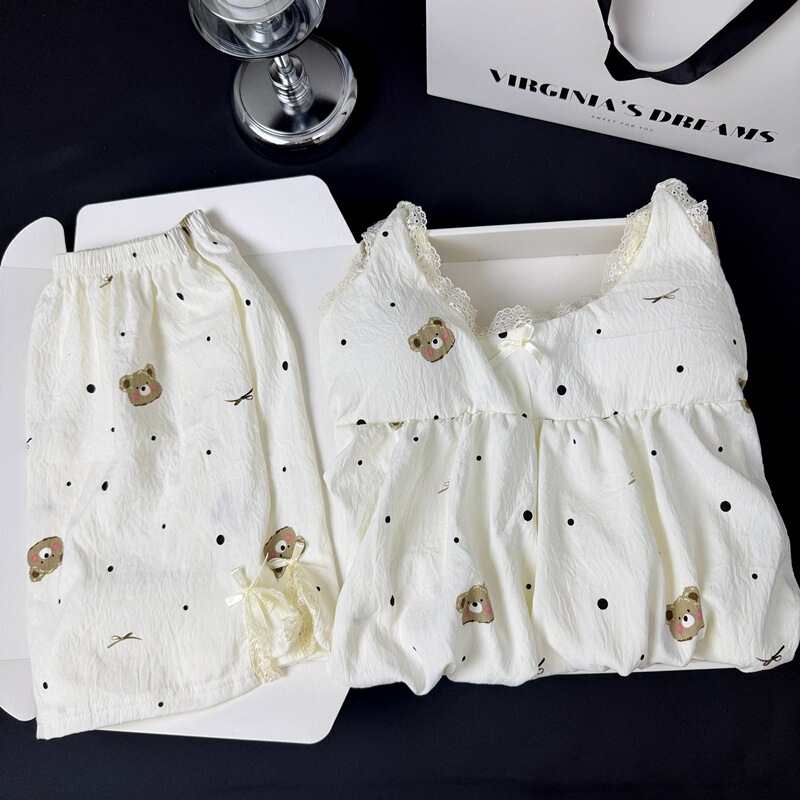 【Da Jiejie Cross-Border Selection】Women's Cloud Cotton Pajamas with Chest Pads, Wearable Cartoon Strap Shorts Homewear 【Da Jiejie Cross-Border Selection】Women's Cloud Cotton Pajamas with Chest Pads, Wearable Cartoon Strap Shorts Homewear