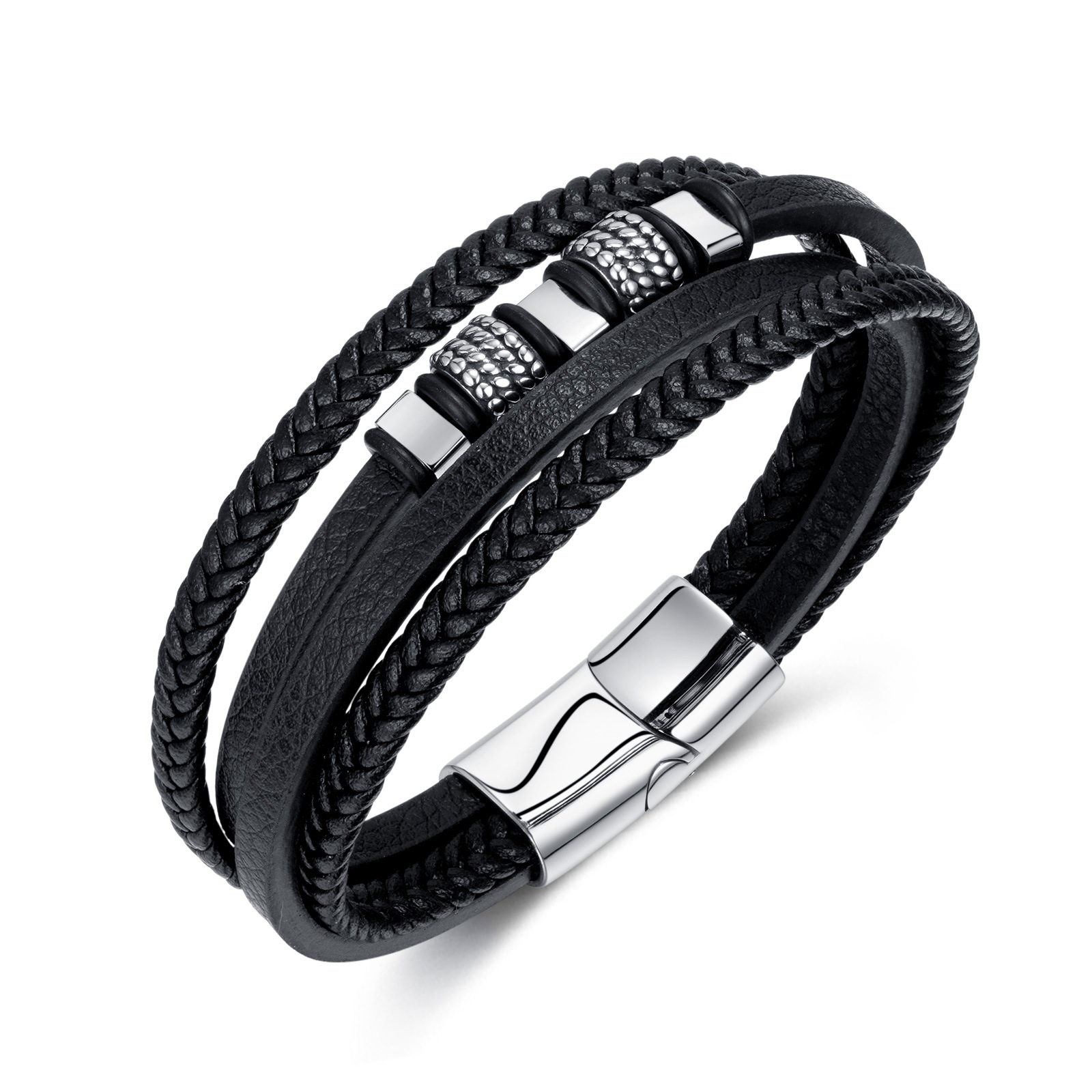 European and American Mature Men's Fashion Trend Stainless Steel Magnetic Buckle Personalized Retro Multi-layer Handmade Woven Leather Bracelet_voghion.com