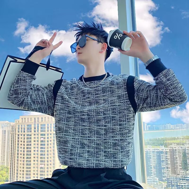 Sweatshirt For Men Spliced Round Neck Long Sleeve Pullover Jacket_voghion.com