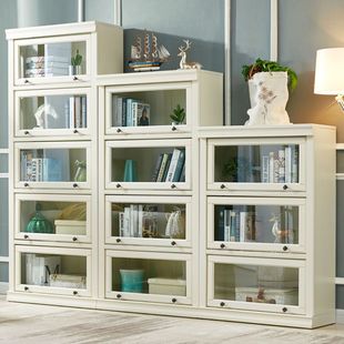 American Solid Wood Bookcase with Glass Door Shelf Floor-To-Ceiling Whole Wall Integrated Kidsren's Combination Bay Window Study Home Dreamland