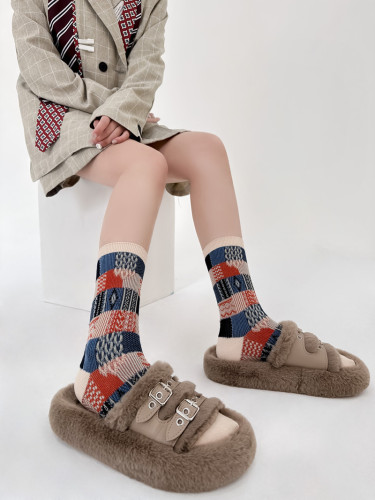 Japanese trendy brand double-needle double-way socks for men and women, colorful plaid mid-calf socks, spring and autumn retro cotton socks