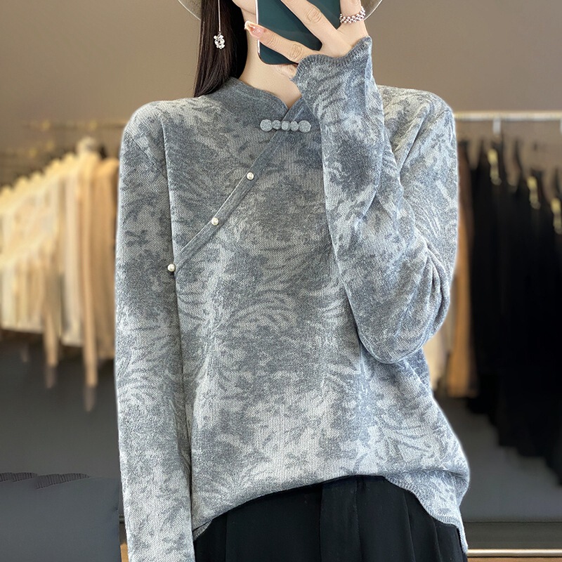 National style buckle New Chinese style refined wool sweater women's knitted pullover thin sweater bottoming shirt cheongsam top new