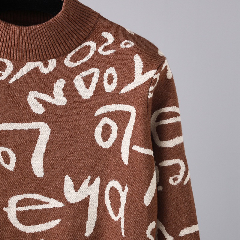 Women Clothing Autumn Winter Knitted Pullover Long Sleeve Letter Graphic Graffiti Sweater Dress