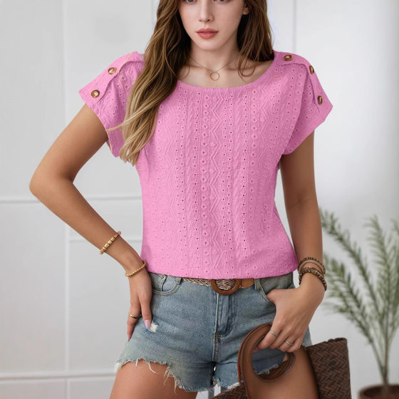 2025 Europe and the United States cross-border new women's Amazon spring and summer round neck solid color button short sleeve hollow T-shirt top