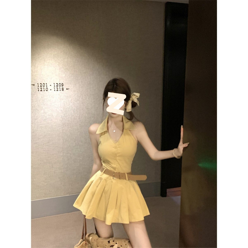 ホットガールイエローバックレスvネックホルターネックドレスレディースサマースリムウエストスカート純粋な欲望スタイル痩身aラインスカート|undefined