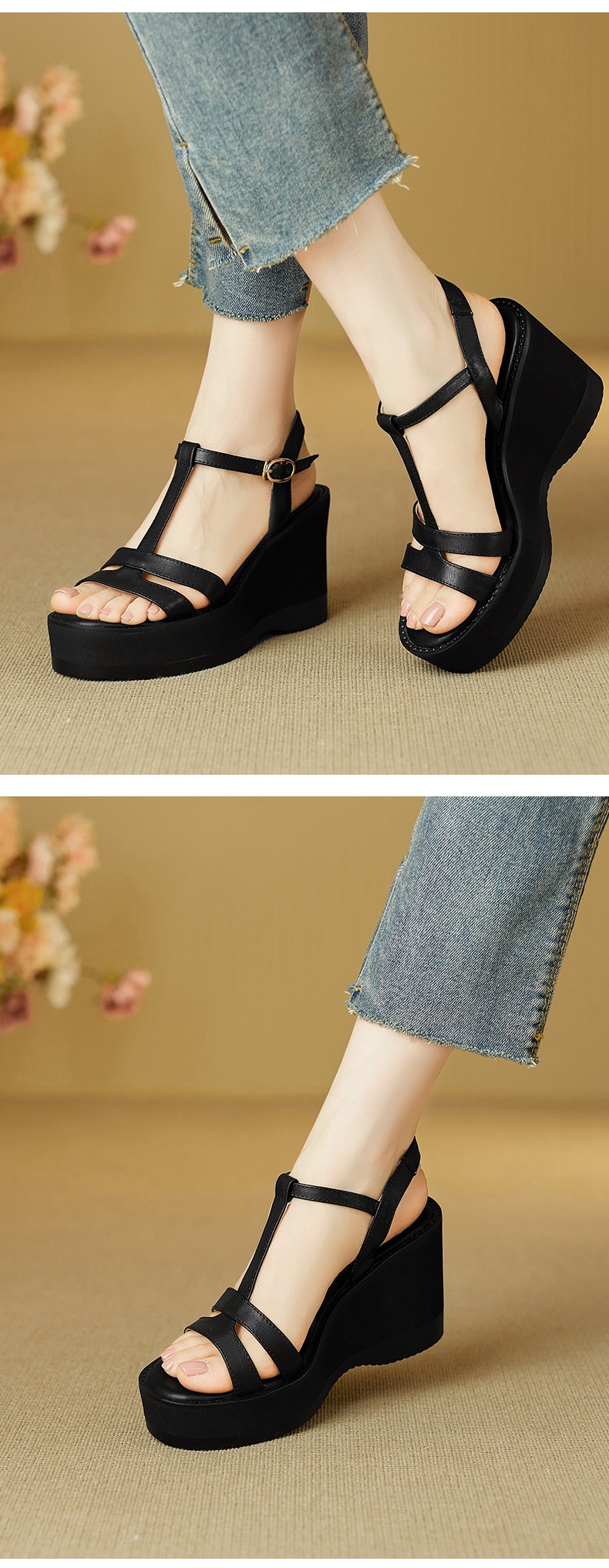 Sandal cao gót nữ mũi hở đế xuồng da bò, quai chữ T đơn giản, gót 9 cm — đen chi tiết 6