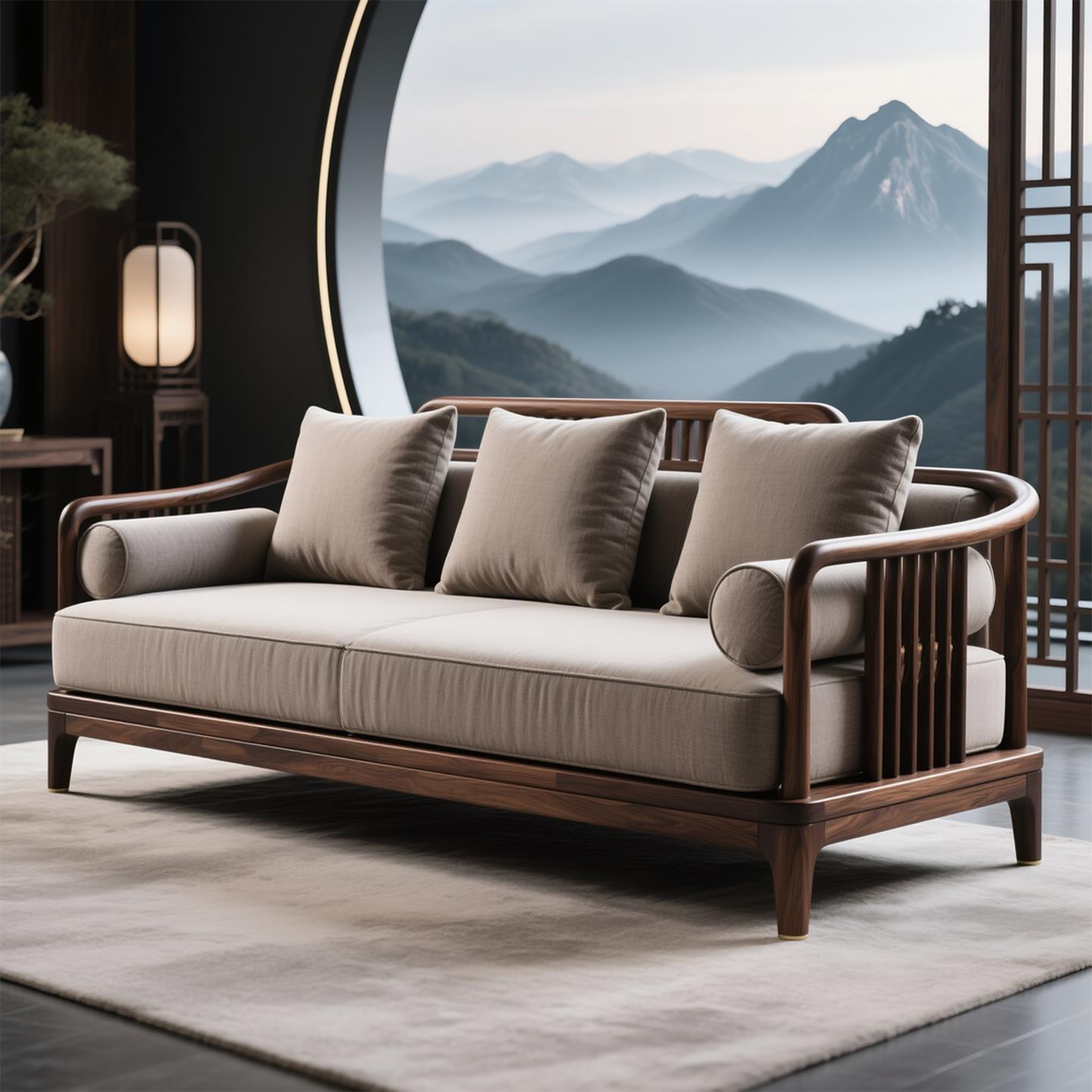 New Chinese Song-Style Aesthetic North American Black Walnut Sofa Light Luxury Straight Fabric Sofa Villa Large Flat Living Room